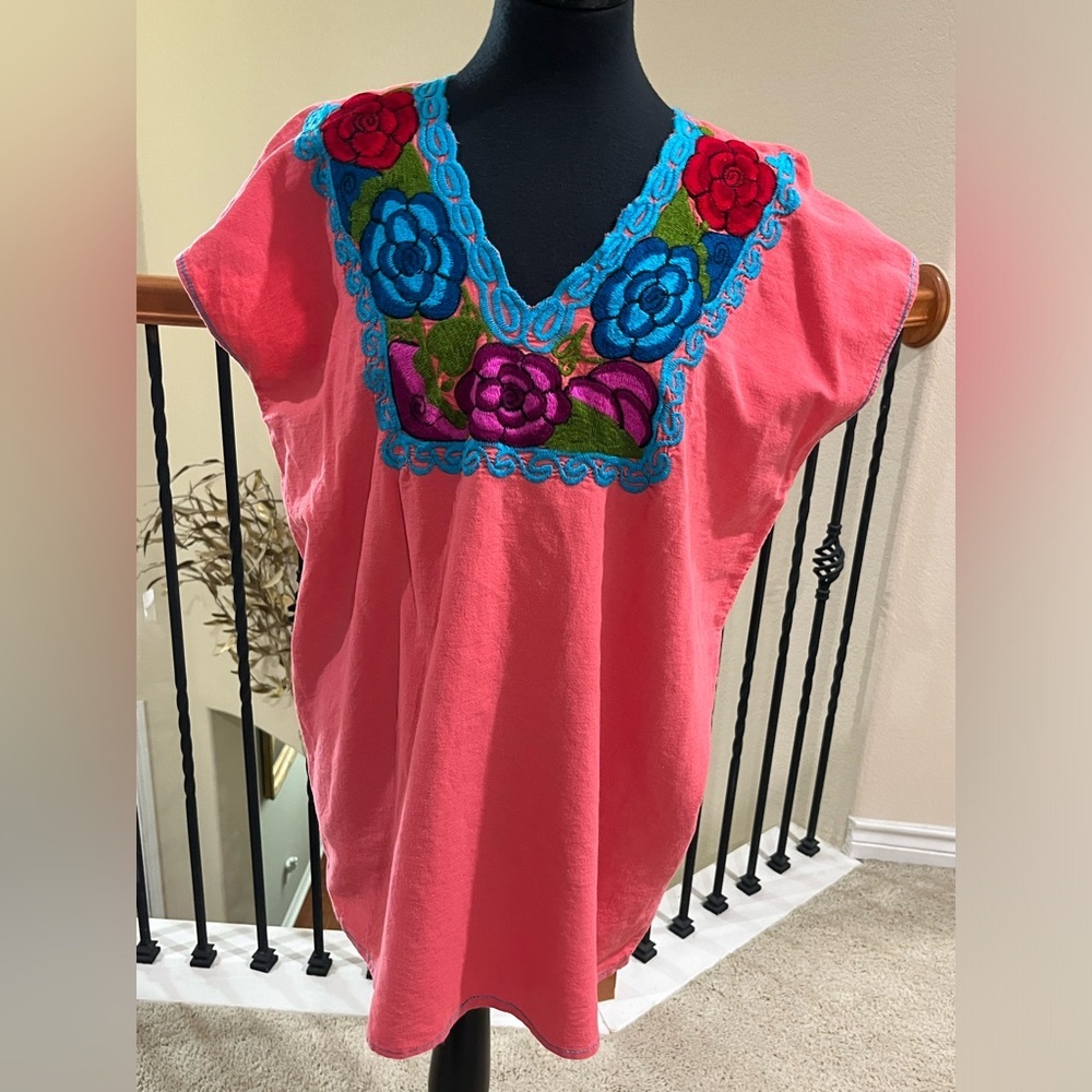 Bright Pink Embroidered Floral Peasant Top WOMEN SIZE L